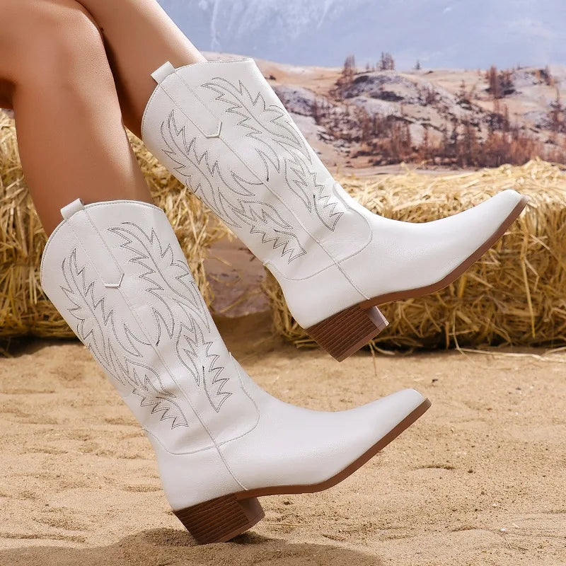 White Western Boots for Women | Embroidered Mid-Calf Block Heel