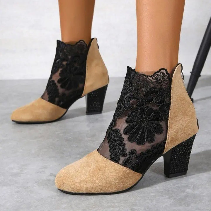 Lace Ankle Boots for Women with Block Heel and Pointed Toe