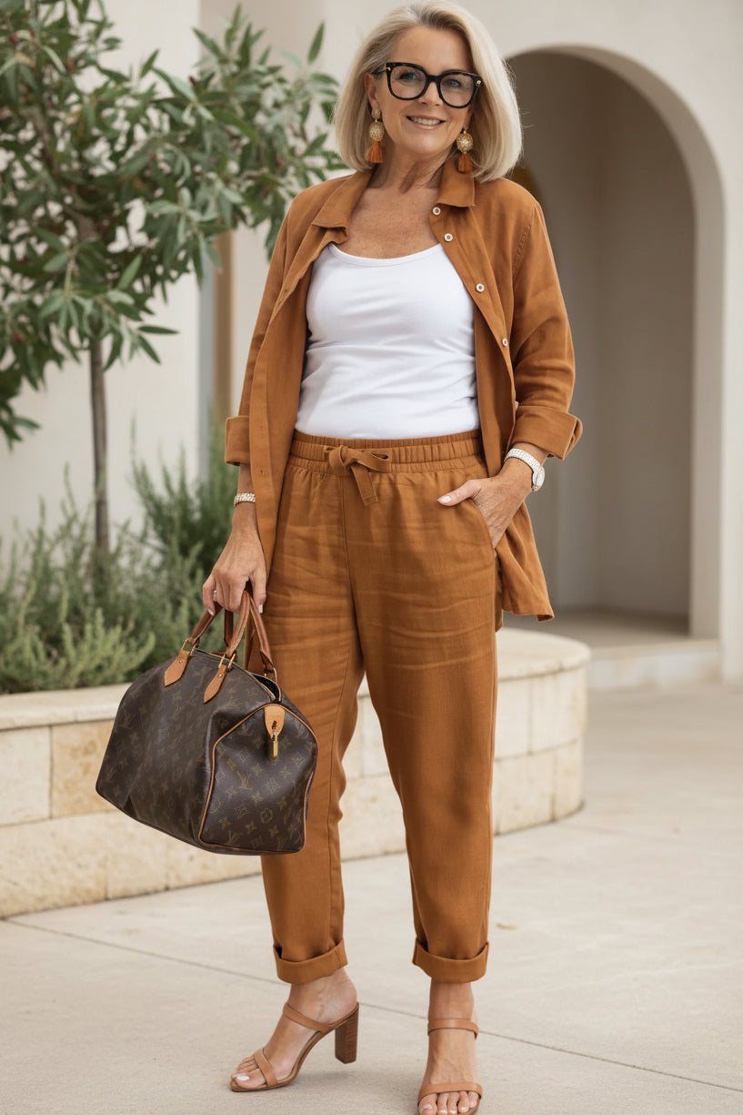Two Piece Casual Set for Women - Relaxed Button Up Shirt and Pants