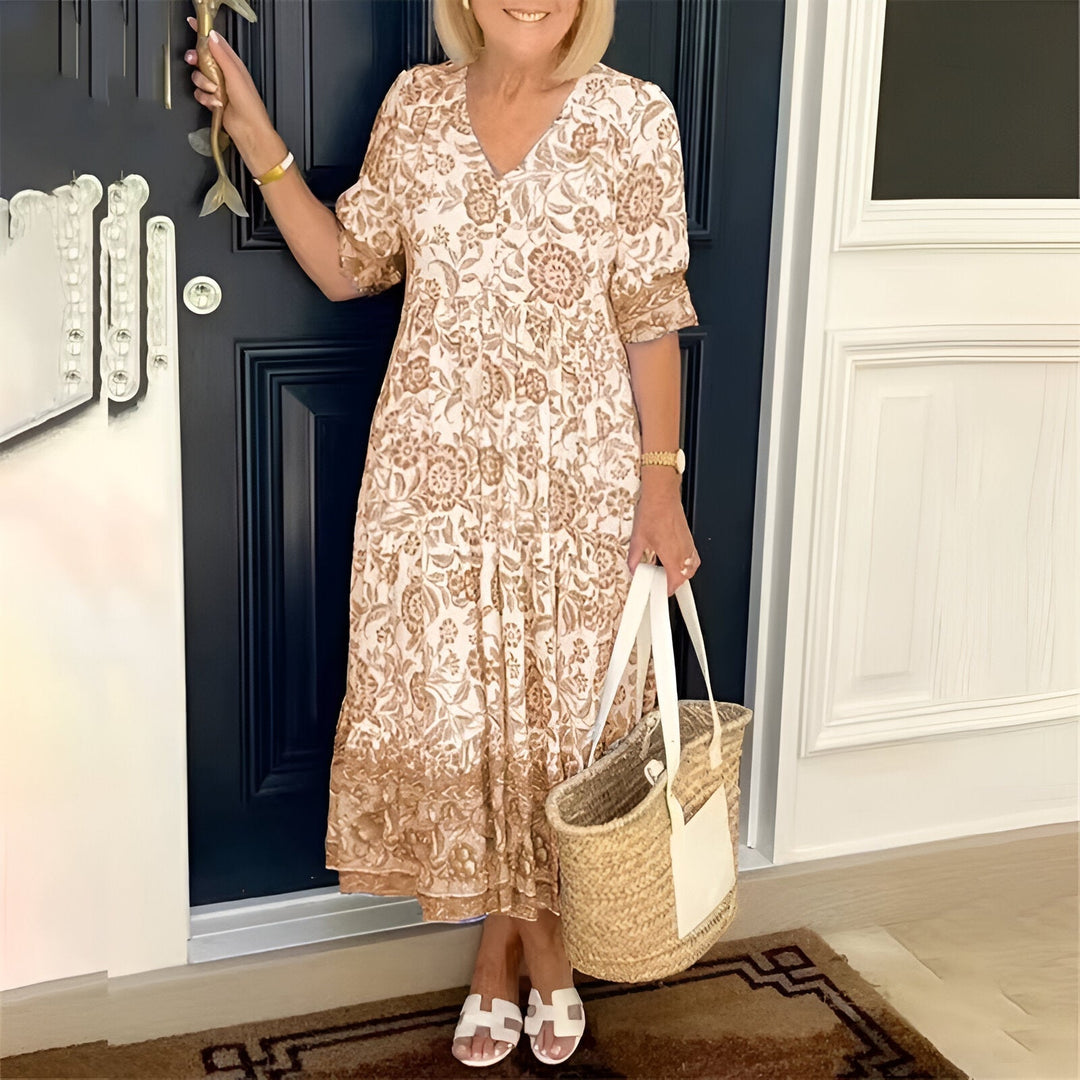 V-Neck Bohemian Dress for Women | Flowy Midi Length Casual Dress
