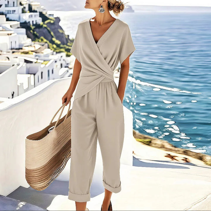Two Piece Set for Women - Wrap Front Top and Cropped Pants