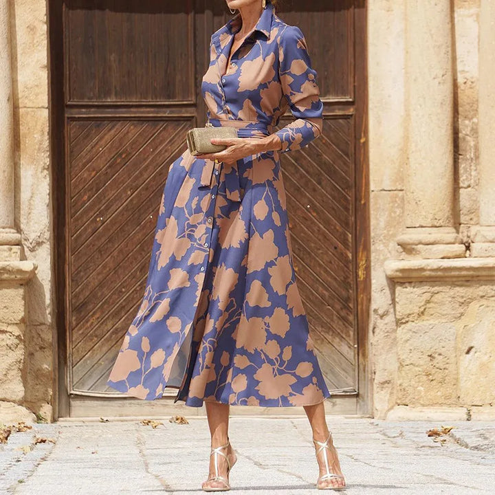 Midi Dress with Belt - Floral Print Dress for Women