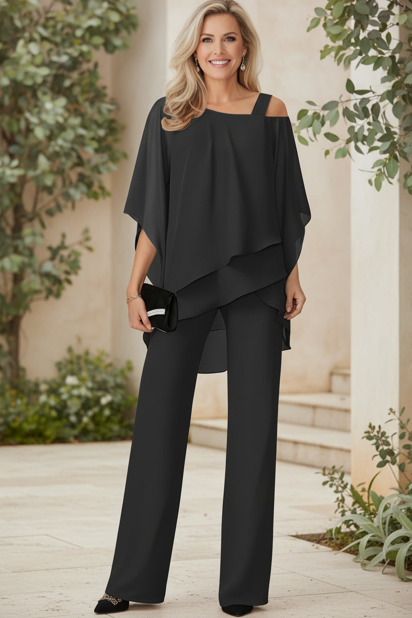 Two Piece Pant Set for Women - Elegant Cold Shoulder Top and Trousers