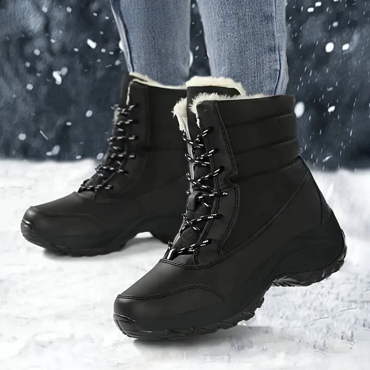 Women's Waterproof Snow Boots with Faux Fur Trim and Lace Up Detail