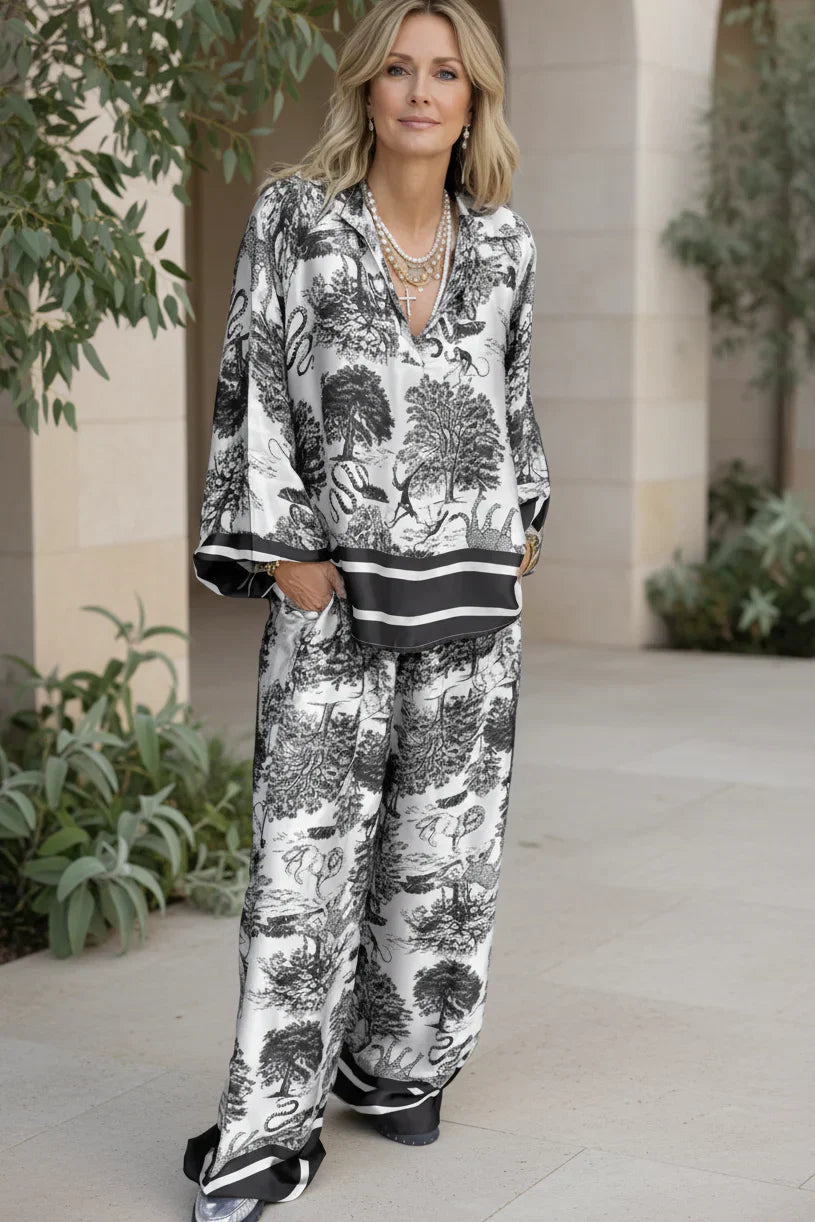 Two Piece Set for Women Wide Leg Pants Vintage Print Outfit