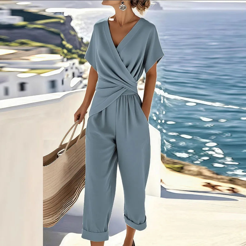 Two Piece Set for Women - Wrap Front Top and Cropped Pants