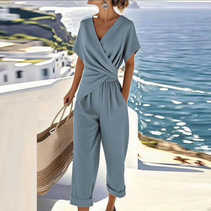 Two Piece Set for Women - Wrap Front Top and Cropped Pants