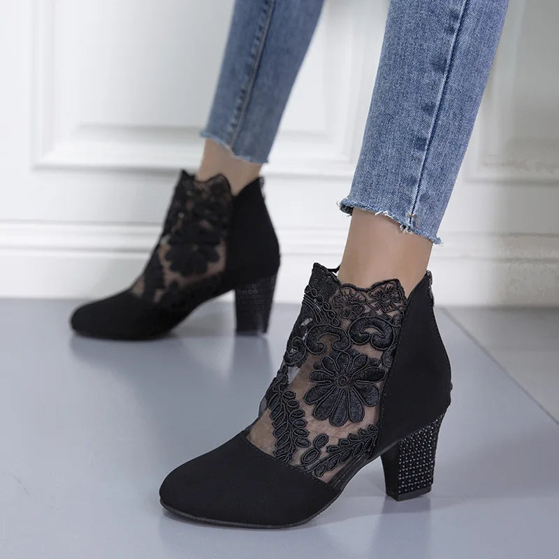 Lace Ankle Boots for Women with Block Heel and Pointed Toe