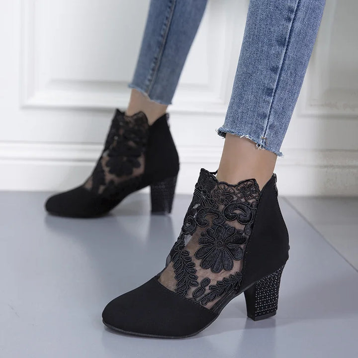 Lace Ankle Boots for Women with Block Heel and Pointed Toe