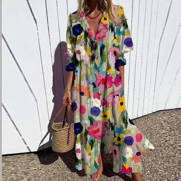 Boho Maxi Dress with V-Neck for Women - Flowy Summer Dress