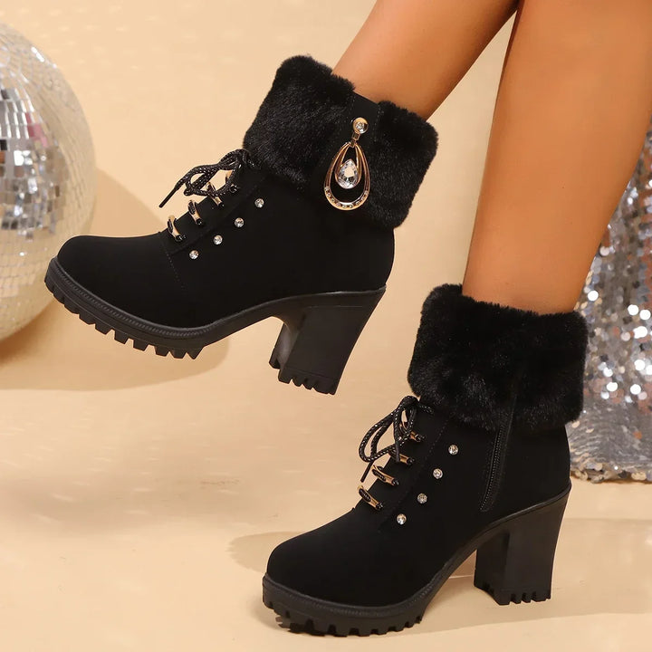 Faux Fur Ankle Boots for Women with Block Heel and Rhinestone Detail