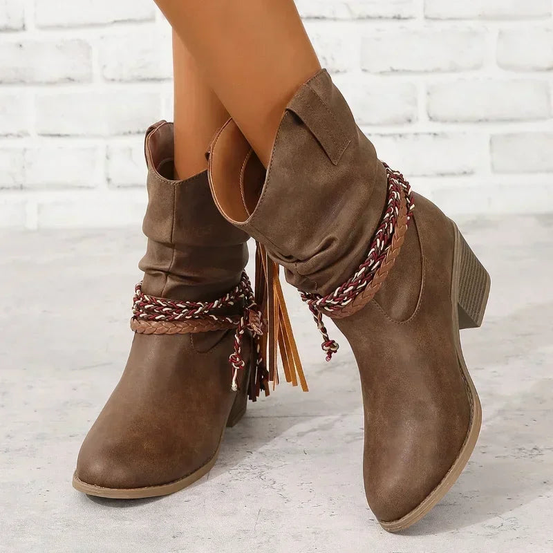 Western Ankle Boots for Women Block Heel Tassel Detail