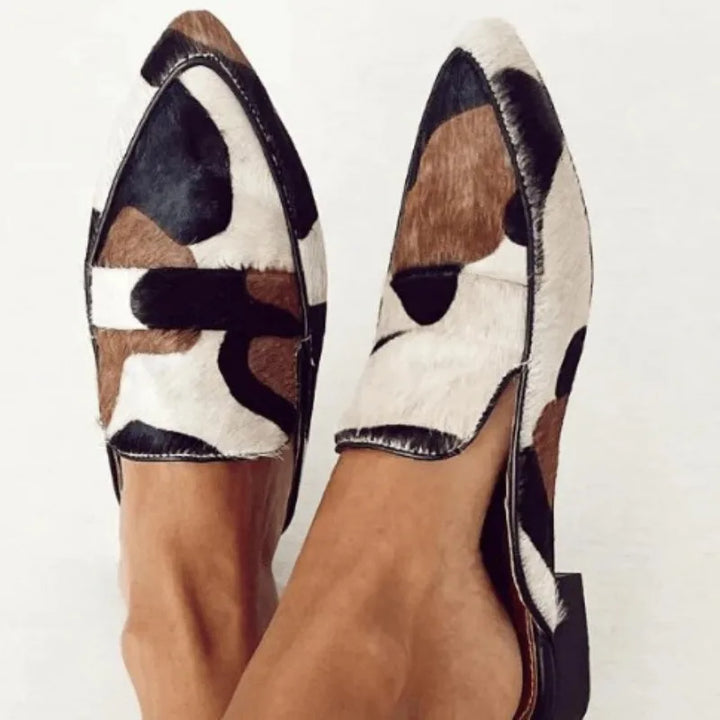 Cow Print Mules for Women - Pointed Toe Slip On Flats