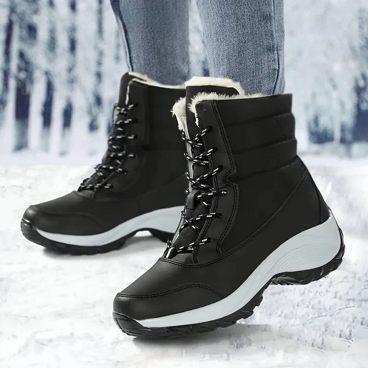 Women's Waterproof Snow Boots with Faux Fur Trim and Lace Up Detail