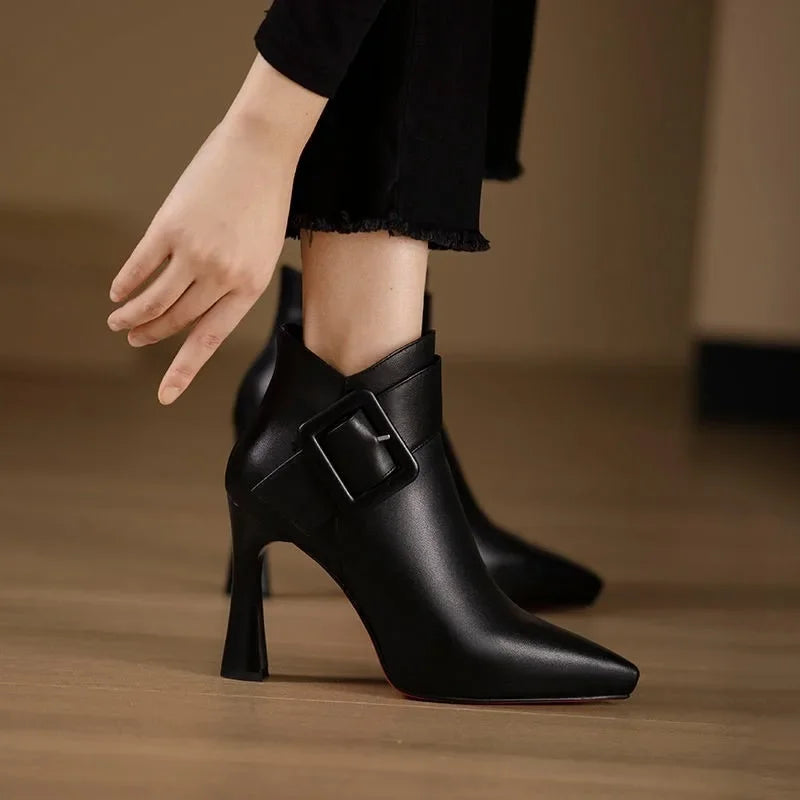 Pointed Toe Ankle Boots with Buckle Detail and High Heel