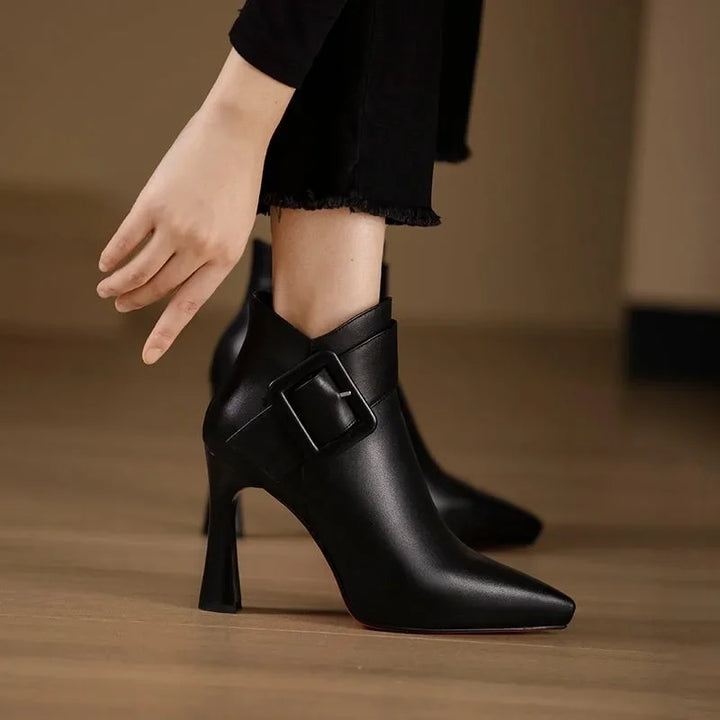 Pointed Toe Ankle Boots with Buckle Detail and High Heel