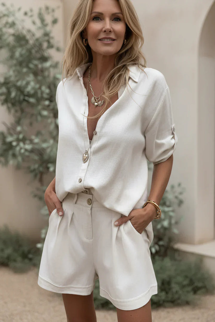 Linen Co-Ord Set for Women - Casual Button Up Shirt and Shorts