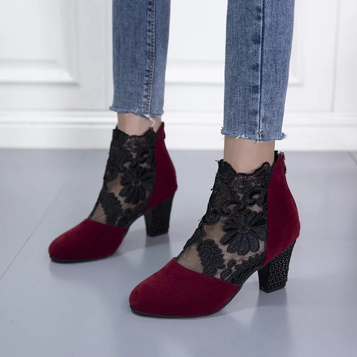 Lace Ankle Boots for Women with Block Heel and Pointed Toe