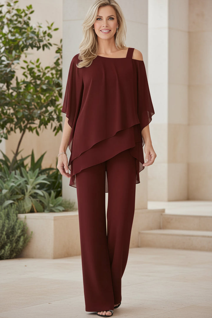 Two Piece Pant Set for Women - Elegant Cold Shoulder Top and Trousers