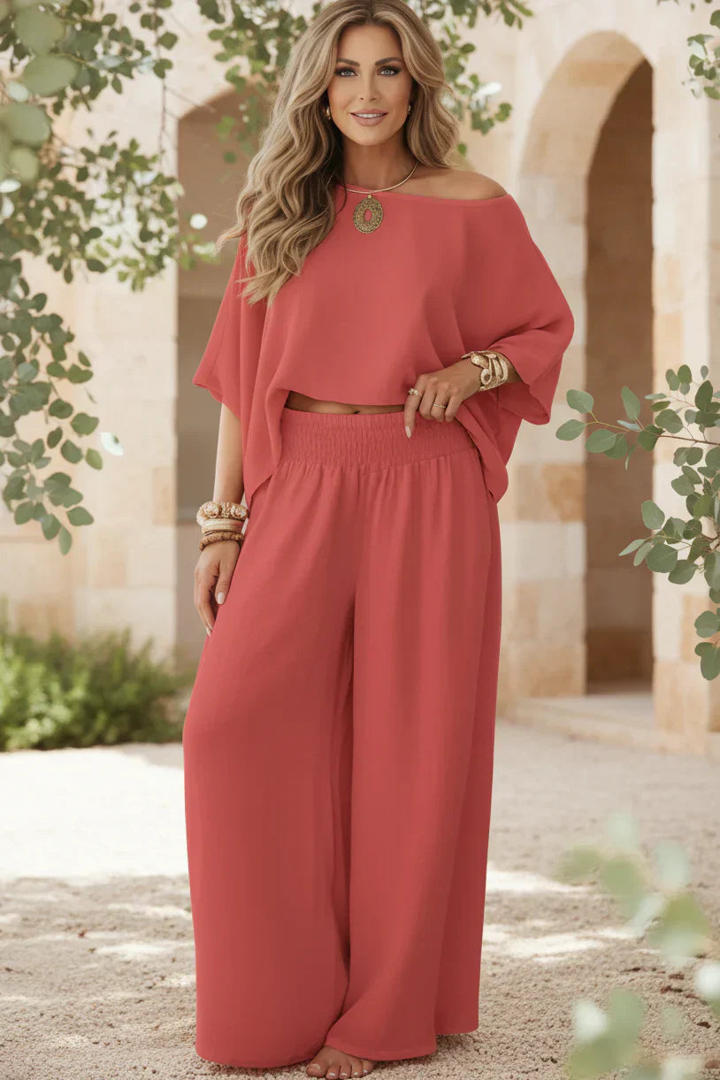 Off Shoulder Two Piece Set for Women - Flowy Wide Leg Pants