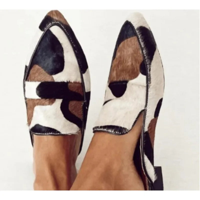 Cow Print Mules for Women - Pointed Toe Slip On Flats