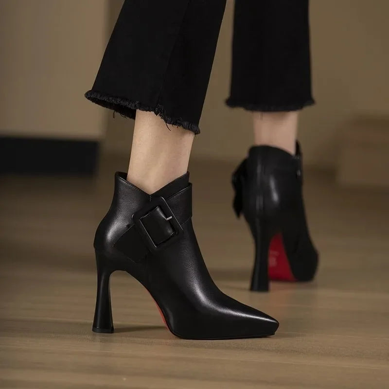 Pointed Toe Ankle Boots with Buckle Detail and High Heel