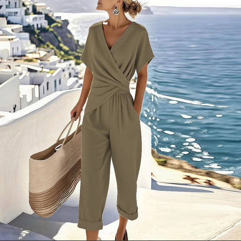 Two Piece Set for Women - Wrap Front Top and Cropped Pants