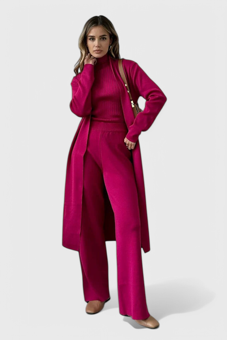 3-Piece Knit Set Long Cardigan Wide Leg Pants Turtleneck