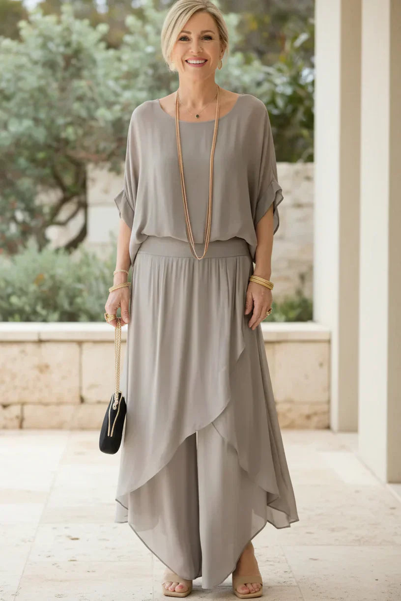 Two Piece Flowy Set for Women - Elegant Coral Outfit