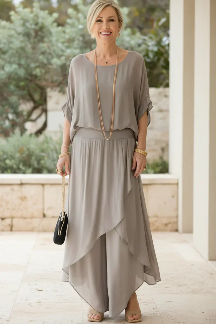 Two Piece Flowy Set for Women - Elegant Coral Outfit