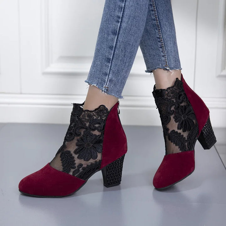 Lace Ankle Boots for Women with Block Heel and Pointed Toe
