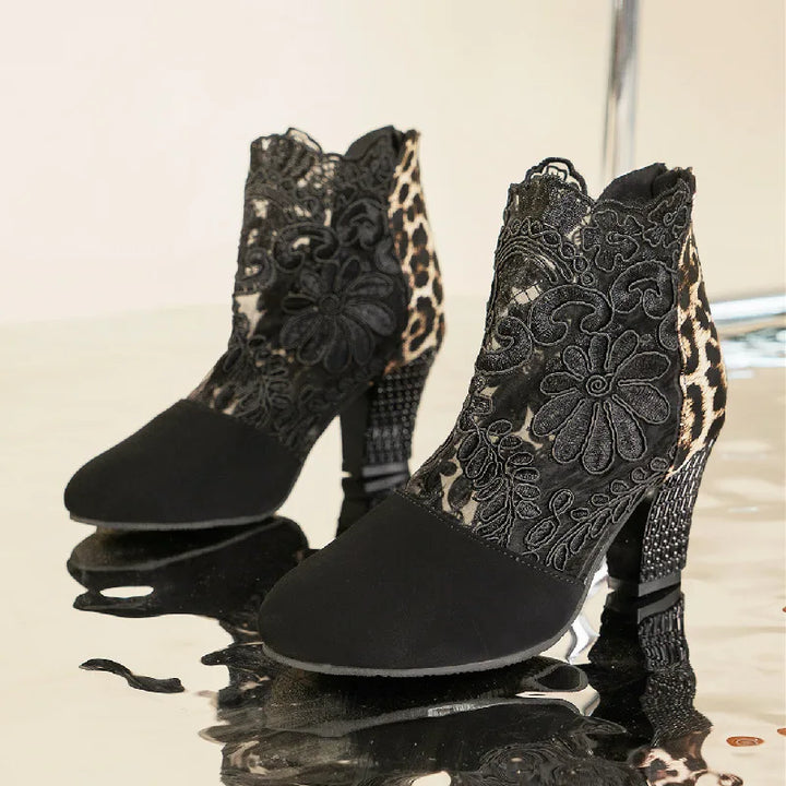 Lace Ankle Boots for Women with Block Heel and Pointed Toe
