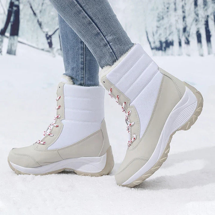 Women's Waterproof Snow Boots with Faux Fur Trim and Lace Up Detail
