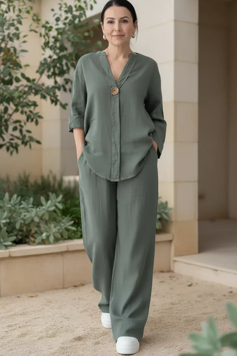 Two Piece Linen Set for Women | Relaxed Wide Leg Pants Top