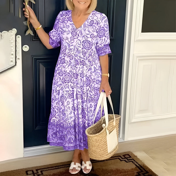 V-Neck Bohemian Dress for Women | Flowy Midi Length Casual Dress