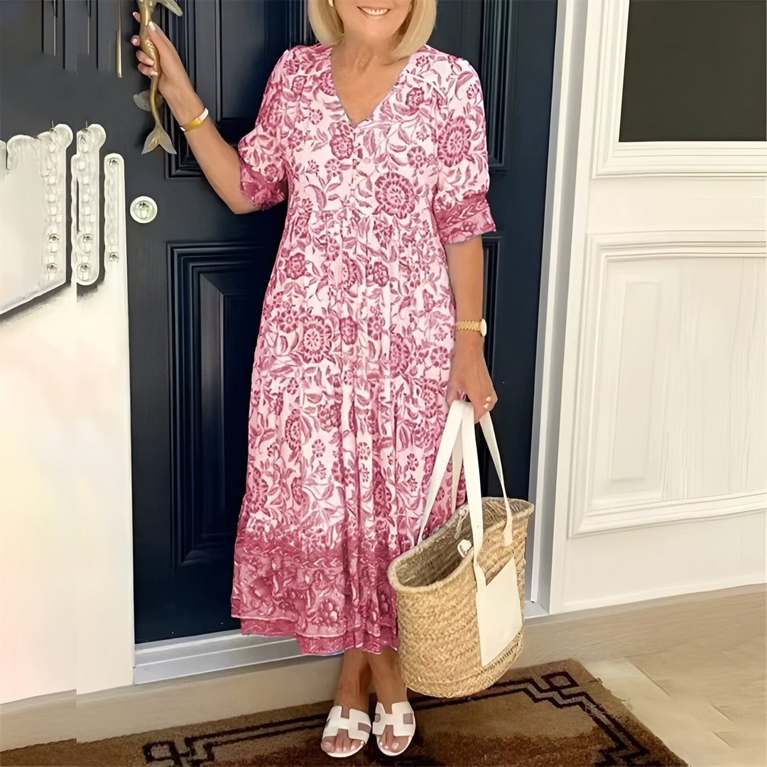 V-Neck Bohemian Dress for Women | Flowy Midi Length Casual Dress