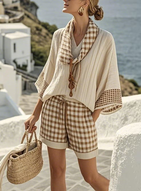 Gingham Lounge Set for Women - Linen Blend Cowl Neck Top and Shorts