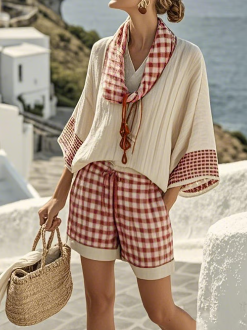 Gingham Lounge Set for Women - Linen Blend Cowl Neck Top and Shorts