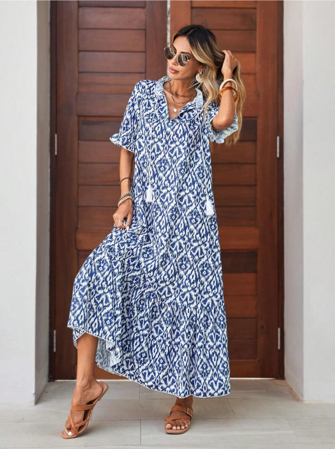 Summer Maxi Dress with V-Neck and Fitted Waist