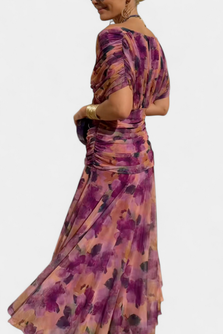 Floral V-Neck Maxi Dress with Pleated Waist - Long Sleeve