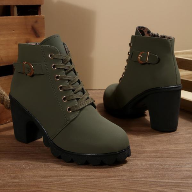 Lace Up Ankle Boots with Buckle Strap and Chunky Block Heel