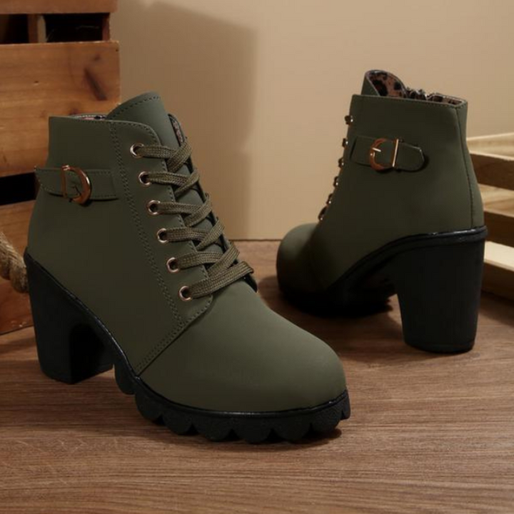 Lace Up Ankle Boots with Buckle Strap and Chunky Block Heel