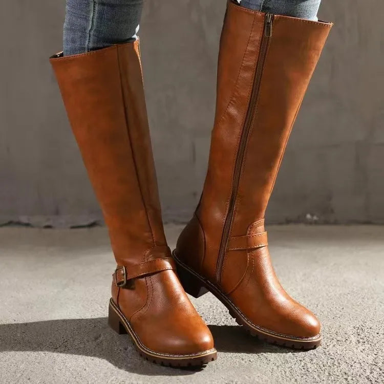 Brown Knee High Boots for Women with Block Heel and Buckle Detail