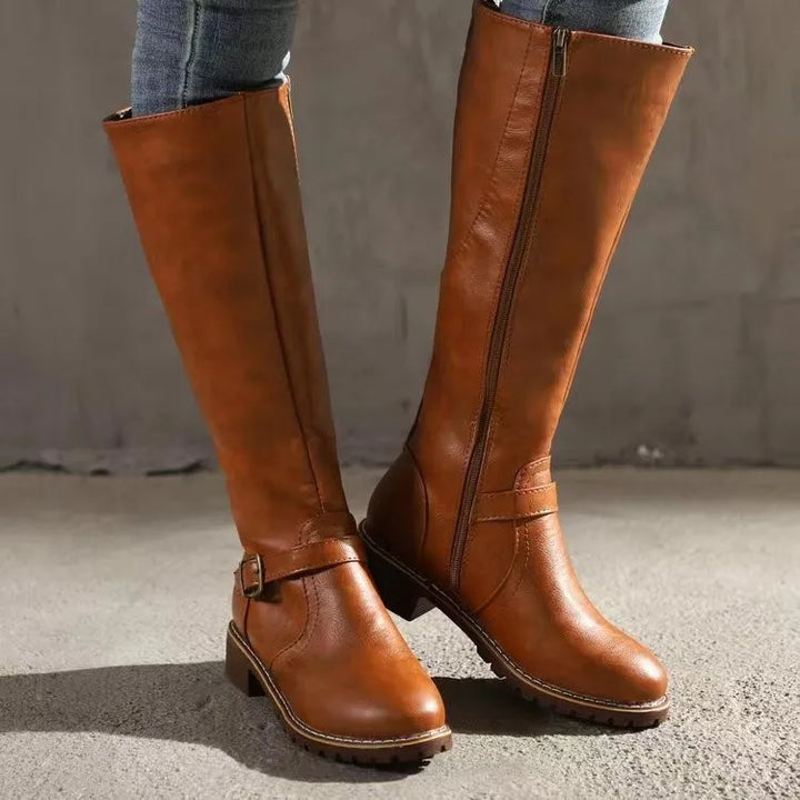 Brown Knee High Boots for Women with Block Heel and Buckle Detail