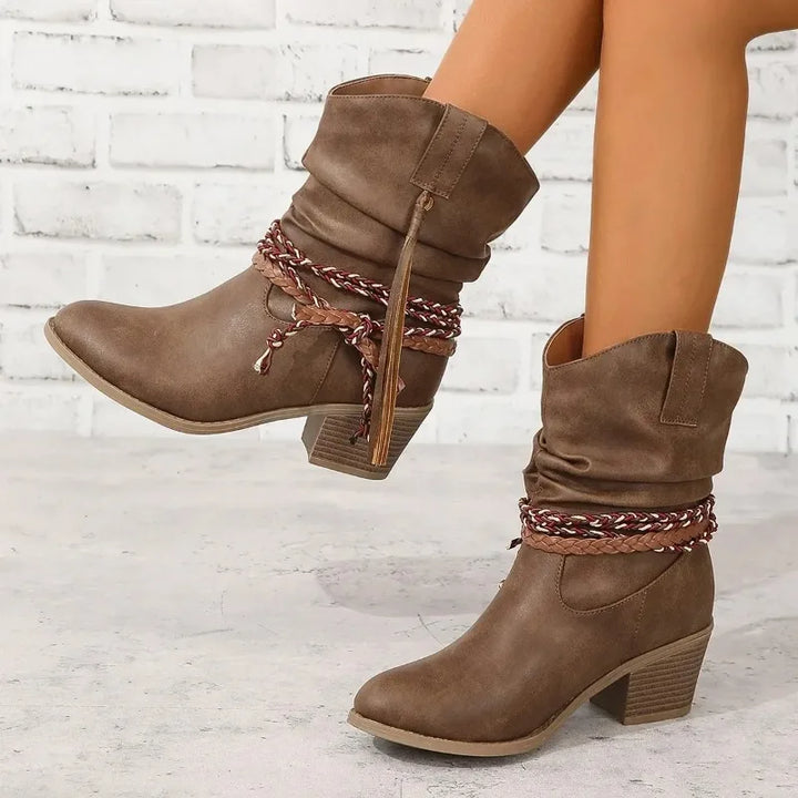 Western Ankle Boots for Women Block Heel Tassel Detail