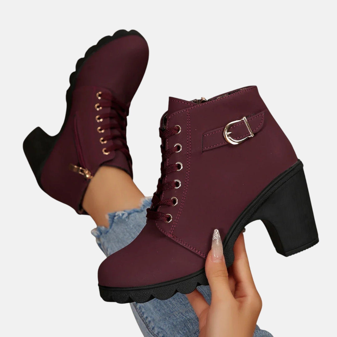 Leather Ankle Boots for Women - Lace Up Block Heel Booties