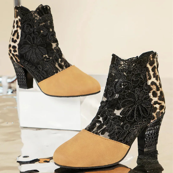 Lace Ankle Boots for Women with Block Heel and Pointed Toe