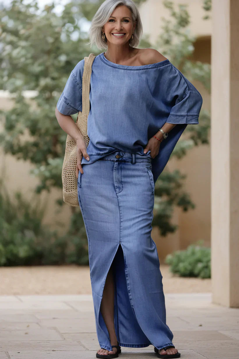 Denim Two Piece Set with Off Shoulder Top and Maxi Skirt