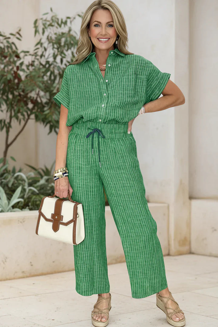 Two Piece Pinstripe Set for Women - Tailored Wide Leg Pants and Button Top