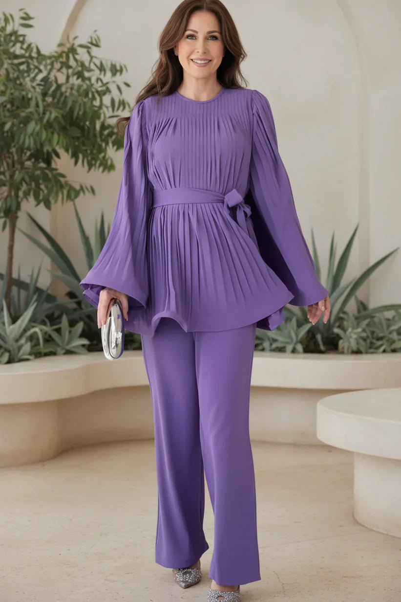 Pleated Two Piece Set - Elegant Wide Leg Pants and Top Outfit